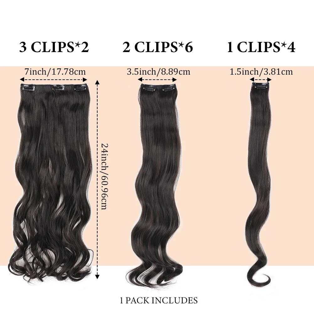 Extensiones de Cabello con Clip para mujer, postizos sintéticos de alta calidad, 12 piezas, mezclas de 24 pulgadas, pelo grueso de doble trama