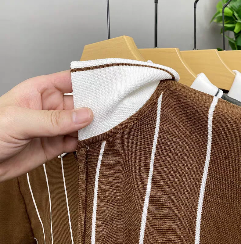 High quality summer knitted short sleeve polo shirt fashion half zipper lapel T-shirt vertical stripes comfort casual men's wear 12 Sb53da6fcd8a442cdb5df4020b037c2ceF