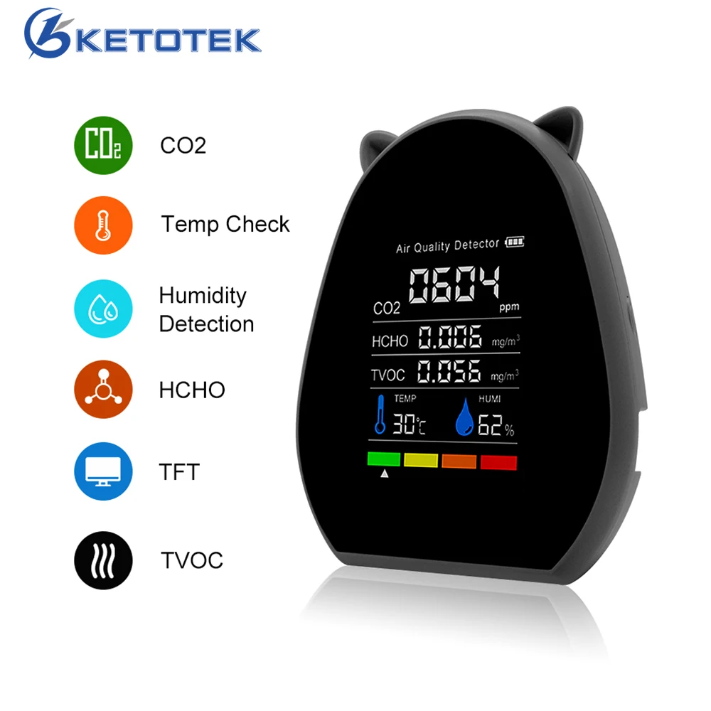 

5 in 1 CO2 Meter Multifunctional Digital Temperature Humidity Tester TVOC HCHO Carbon Dioxide Detector Air Quality Monitor