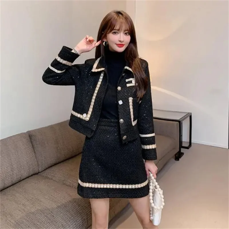 

Retro Small Fragrant Style Skirts Set Fashion Elegant Tweed Woolen Jacket Coat Midi Skirts 2PCS New Spring Fall Women Black Suit