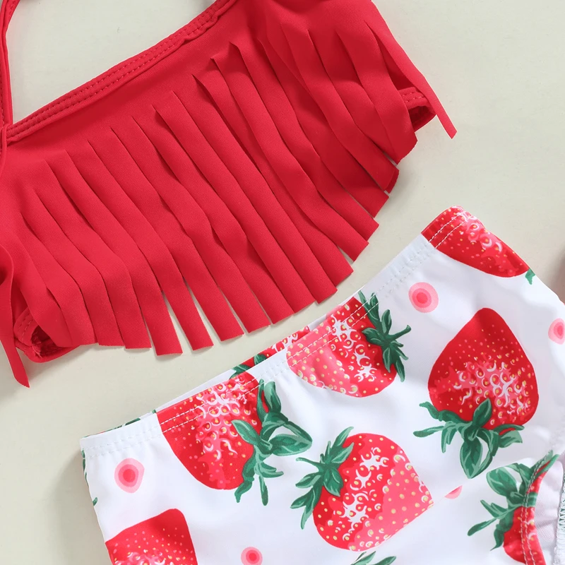 0-3Y Summer Baby Swimwear Girls 3 Piece Halter Bikini Set Strawberry Print Tassel Bathing Suits Toddler Swimsuits Kids Beachwear