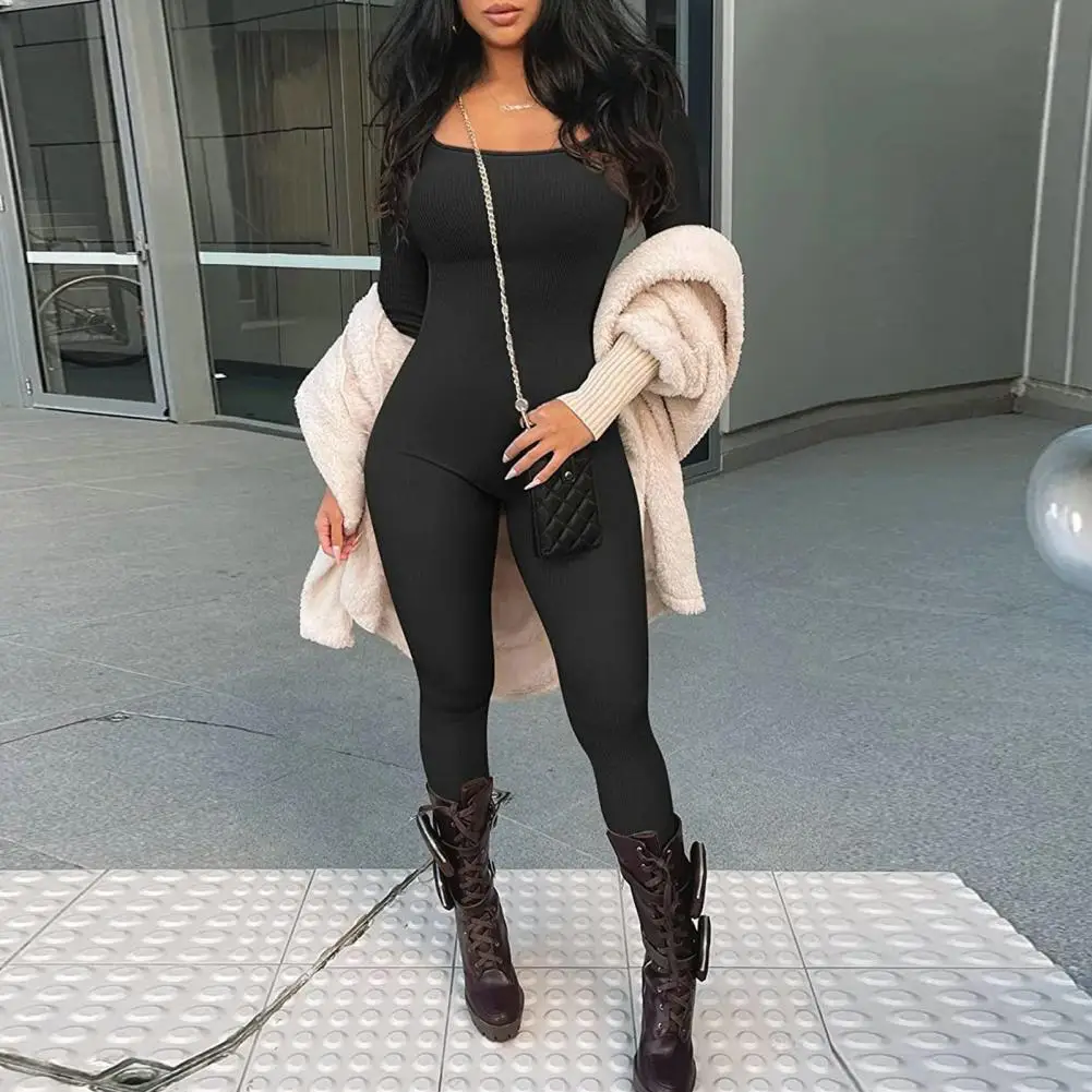 

Women Jumpsuit Skinny Solid Color Ribbed Knit Long Sleeve Square Neck Bodycon Jumpsuit Romper Work Out Sport Yoga Playsuits