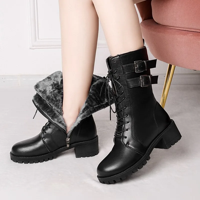 2024 Winter Leather Women Winter Boots Thick Wool Warm Women High-heeled Genuine Boot High-quality Female Snow Boots Women Shoes