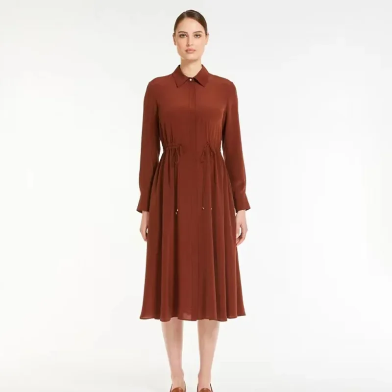 

New Spring and Summer 100% Silk Lapel Waist Drawstring Dress for Women