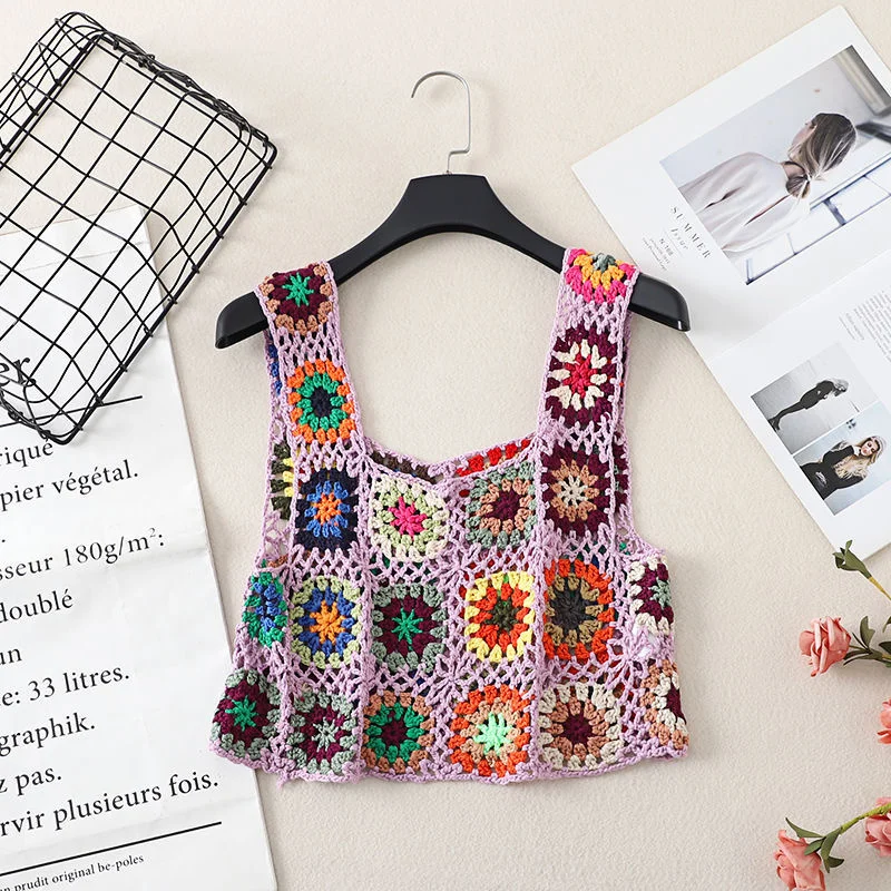 

Women Summer Crochet Sleeveless Vest Waistcoat Female Hollow Out Knit Diamond Pattern Cardigan Beach Vintage Cover Up Vests G86