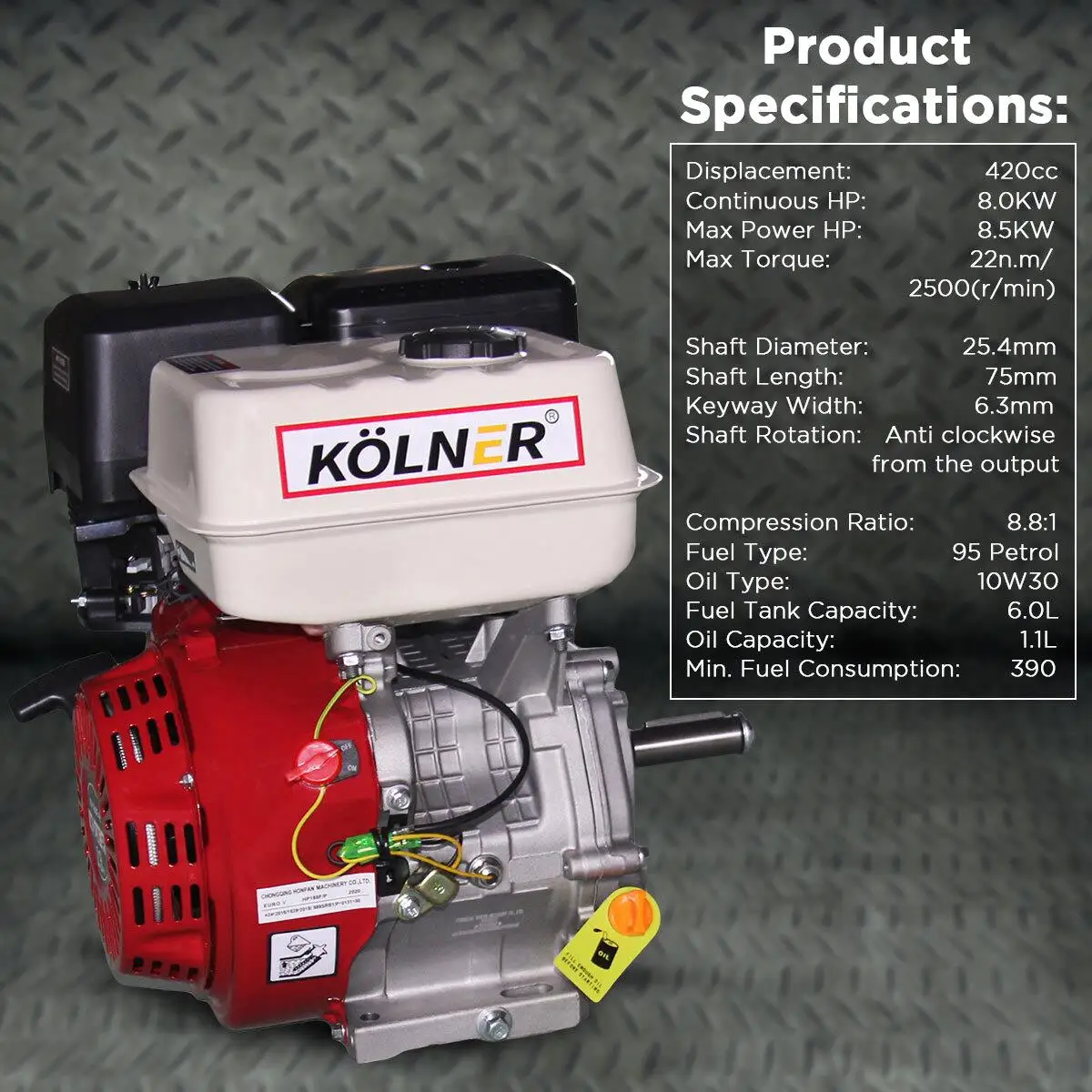 Kolner 16hp 25.4mm Horizontal Key Shaft Q Type Petrol Engine-Recoil Start