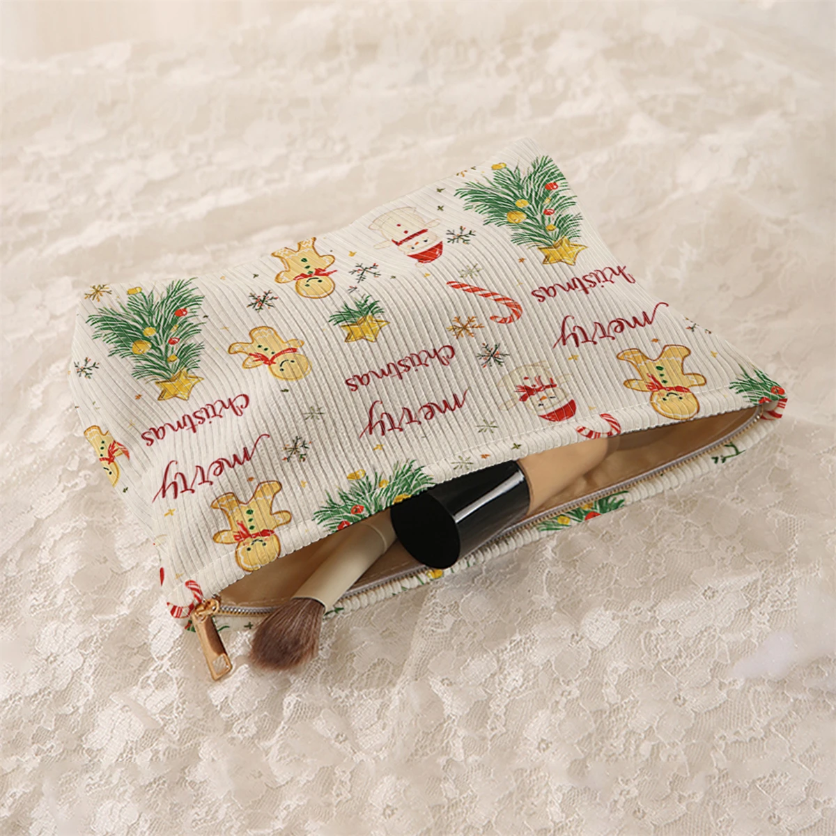 1 Christmas themed corduroy makeup bag, lightweight zipper makeup storage box, multifunctional bag with lining