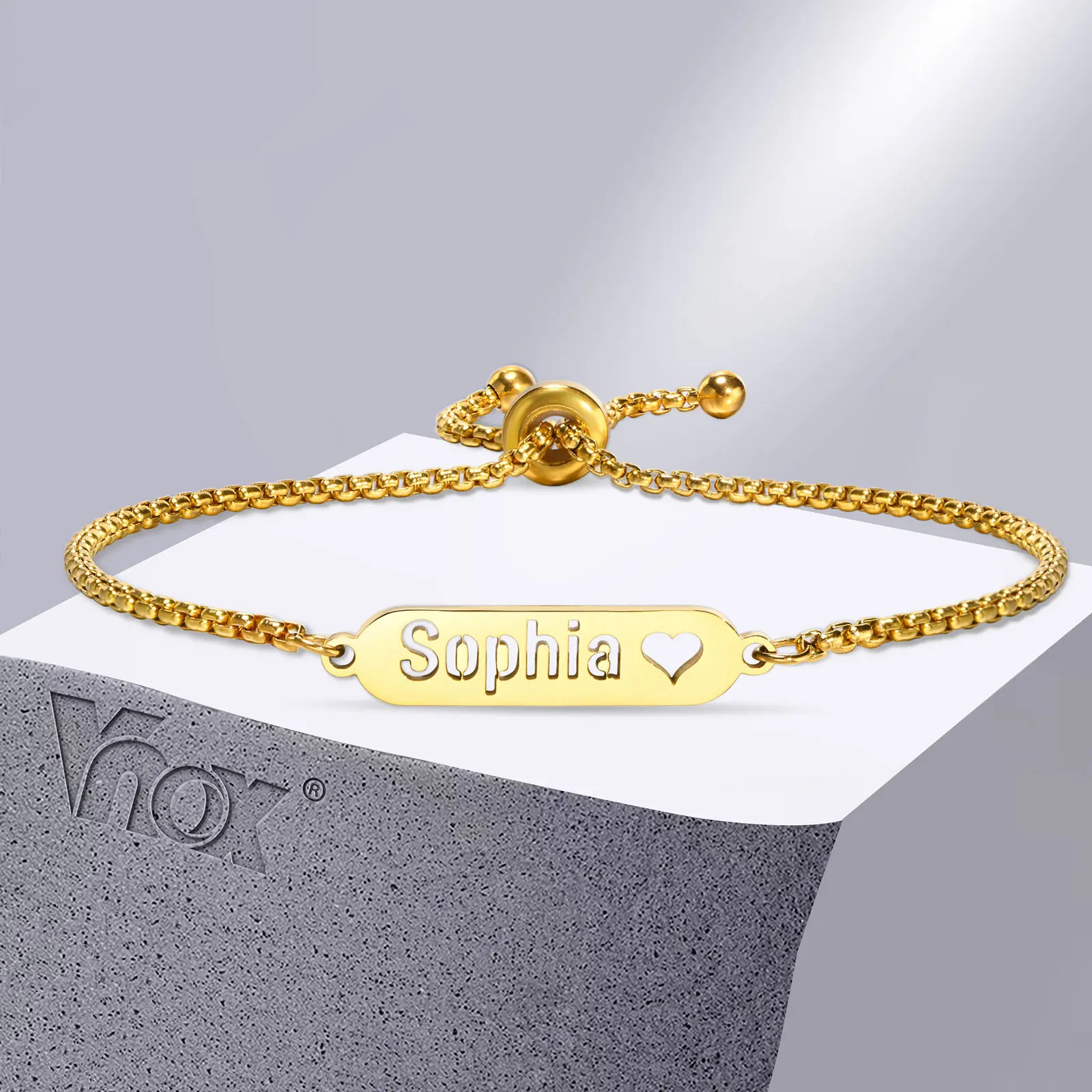 Vnox Free Custom Personalized Name Bracelets for Women Girls Jewelry,Customized Gold Color Stainless Steel Chain Wristband Gift