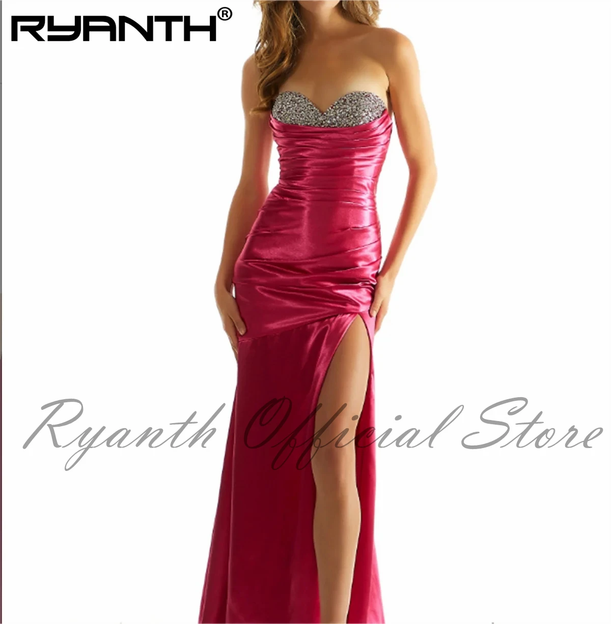 

Pink Satin Mermaid Dress Sexy Diamond Bandeau Slit Evening Dress Pleated Red Carpet Formal Occasion Party فساتين للحفلات الراقصة