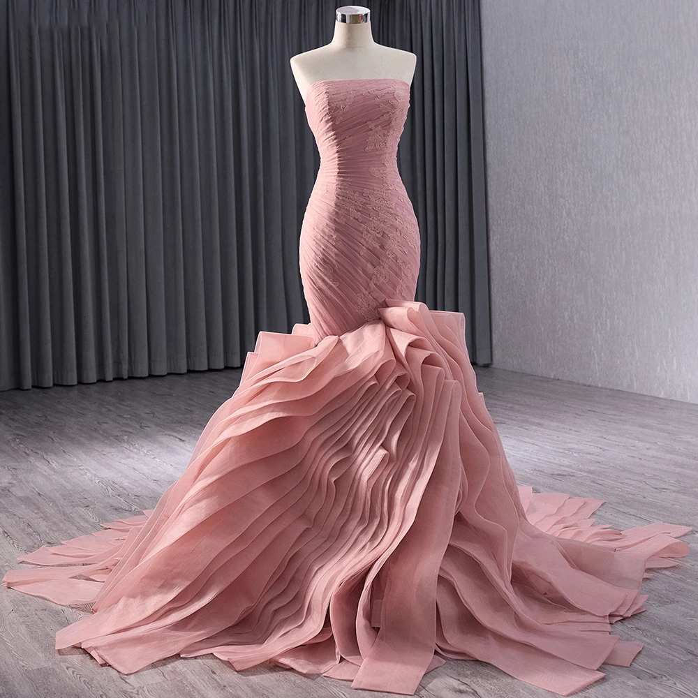 Jancember Brand New Popular Design Pink Evening Dress for Women Organza Strapless Mermaid Lace Up vestidos de noche 241014 3