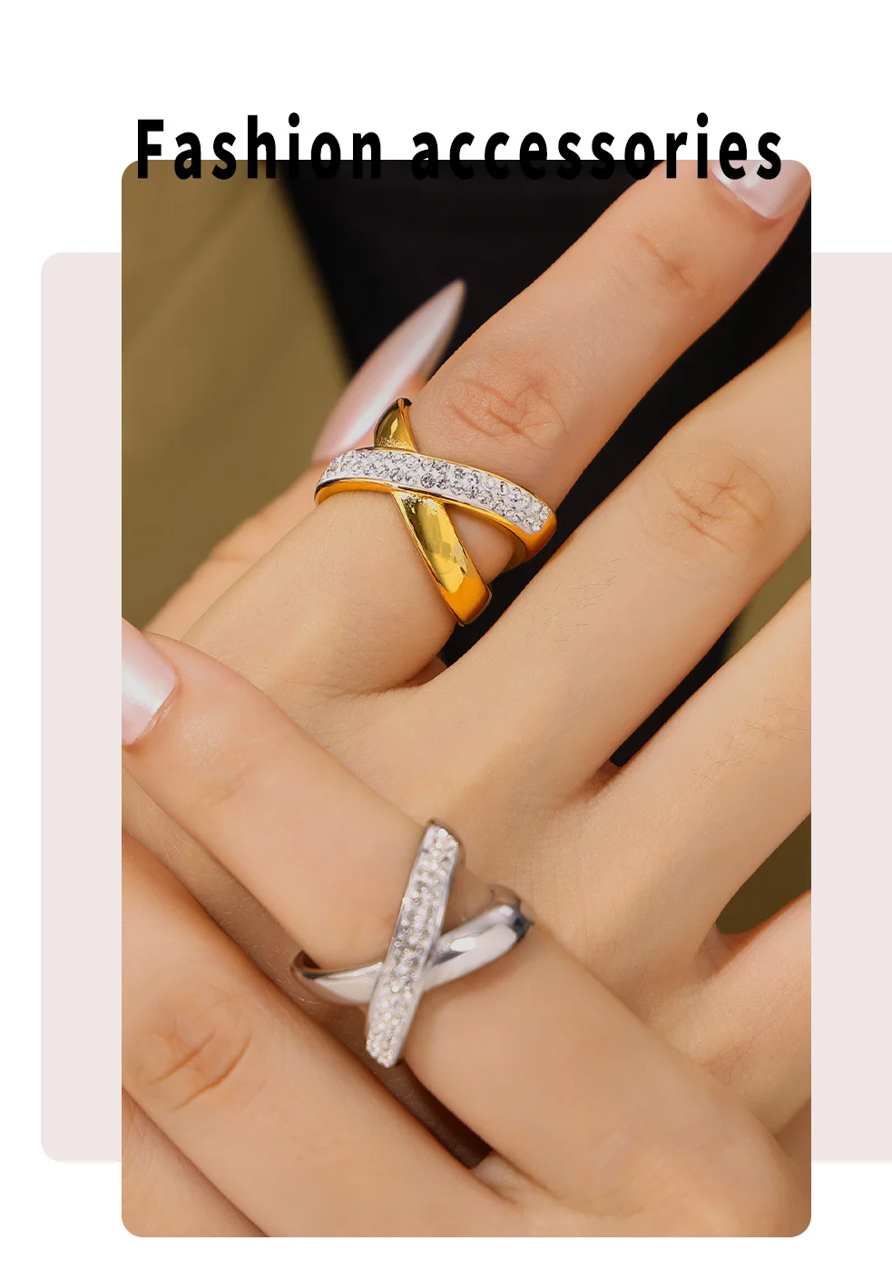 Modischer Doppel-Strass-Ring für Damen, Edelstahl Vergoldet, Luxuriöser Paar-Verabredungsring, Nicht Verblassender Schmuck, Geschenk Großhandel – Detail 4