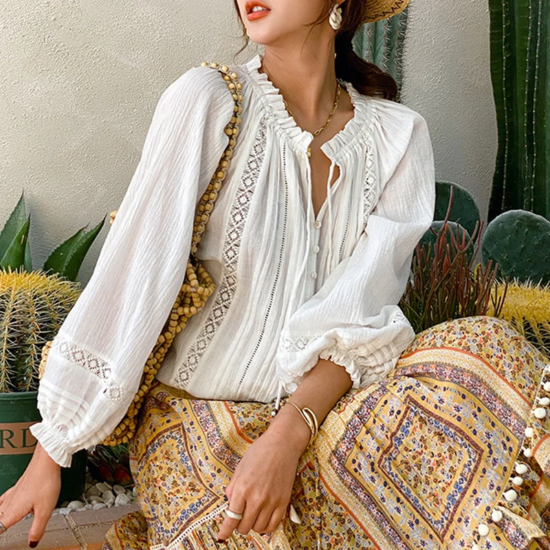 

TOP QUALITY Women Cotton White Blouses Long Lantern Sleeve Lace Hollow Out Loose Fit Casual Shirts