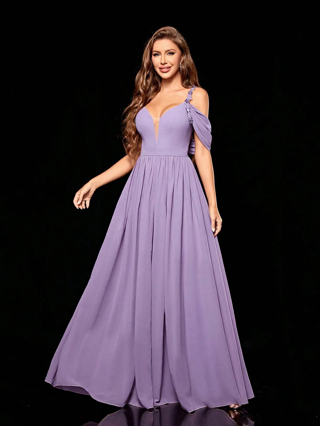 Vestidos largos de chiffon con tirantes de encaje y lazo de cinturón Limón