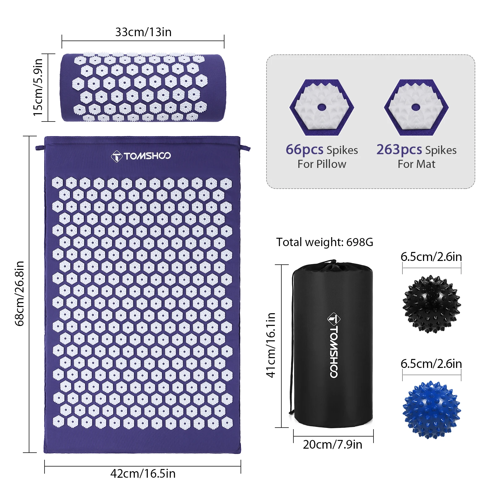 TOMSHOO Acupressure Mat and Pillow Massage Set with Bag for Muscle Relaxation Stress Relief Fitness Exercise Mat Gym Floor Mats