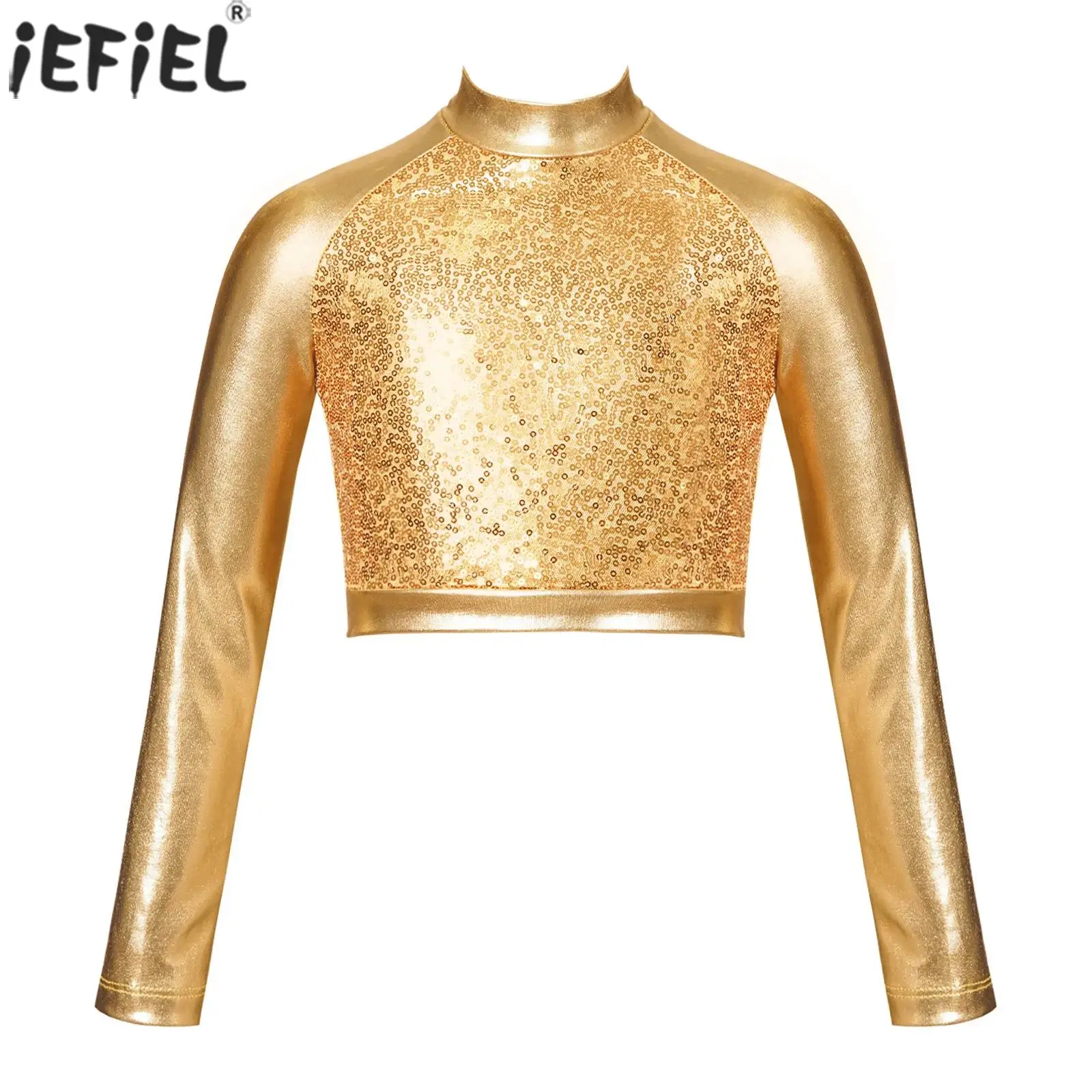 Kids Girls Modern Jazz Dance Crop Top Metallic Shiny Sequins