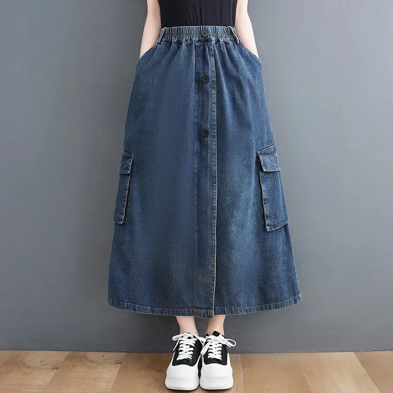 Large Size Casual Denim Skirt Women's 2022 Summer Retro Temperament High Waist Long Skirt Loose Korean Jeans Saias Faldas h549