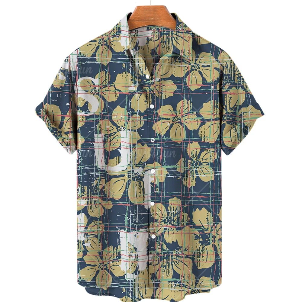 thumbnail image 1 of Camisa hawaiana de lujo para hombre, informal, con estampado de flores en 3D, mangas cortas, talla grande, con múltiples elementos, cuello abatible y botones, 1 of 5