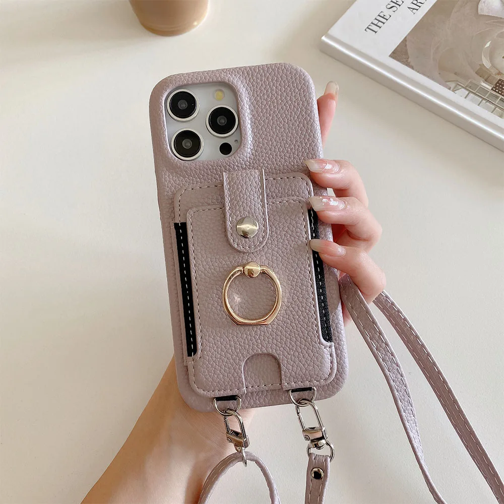 Luxurious Leather Crossbody Phone Case with Ring Wallet and Card Holder