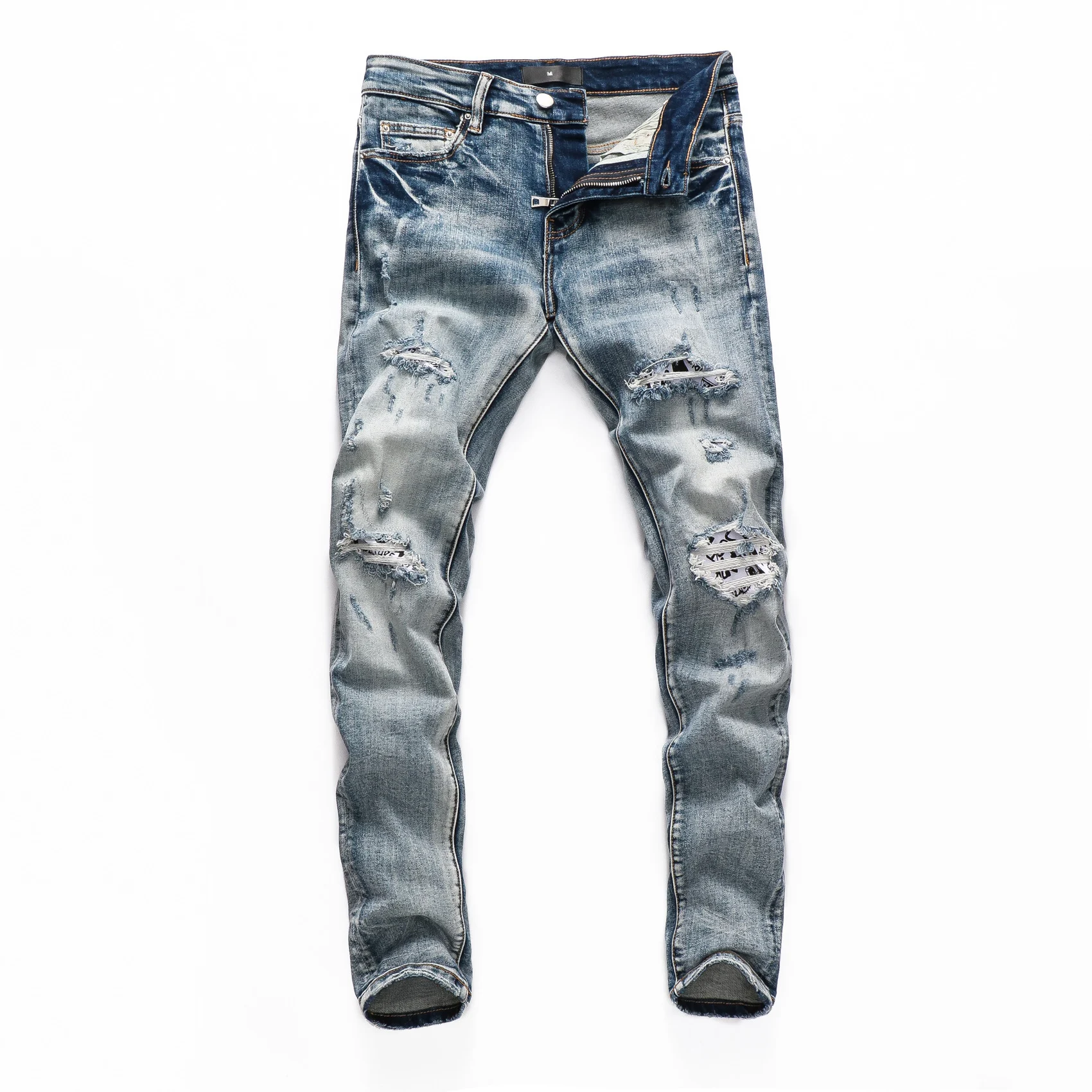 

Street Fashion Designer Men Jeans Retro Light Blue Stretch Zipper Trousers Patched Skinny Ripped Jeans Hip Hop Brand Pants 8290