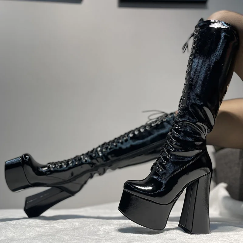 

2022 Fashion Women's Boots Autumn and Winter New Round Toe Thick Heels Super High Heel Lace-Up But Knee Boots