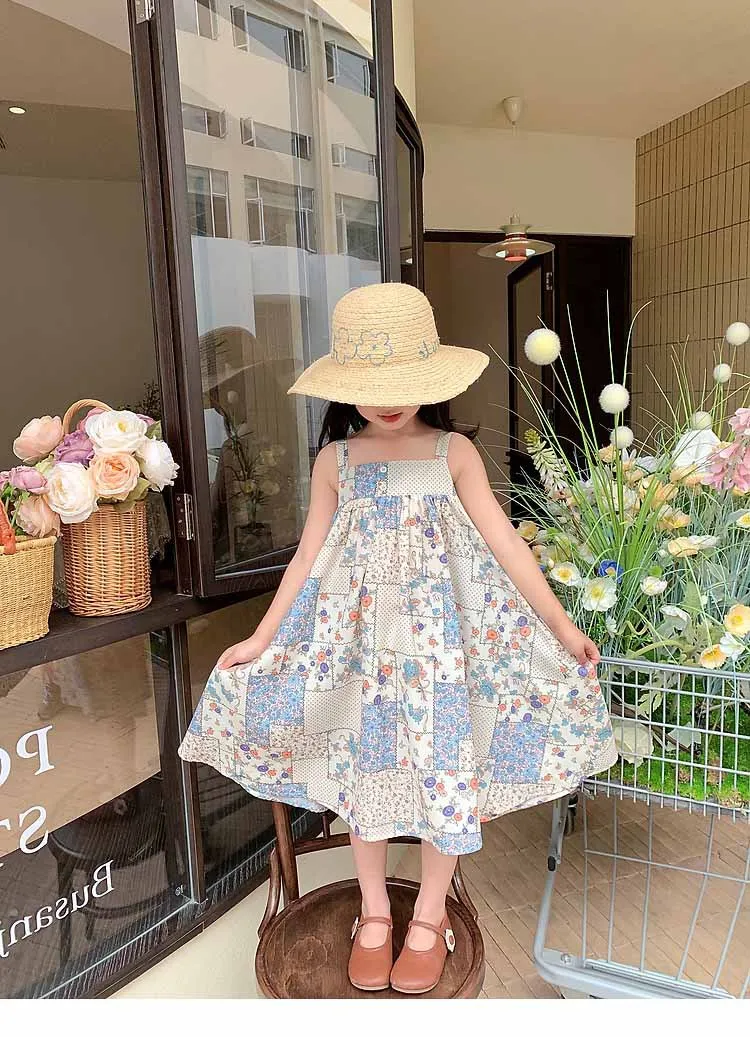 Girls Casual Dresses Floral Print Plaid Patchwork Sleeveless Dress