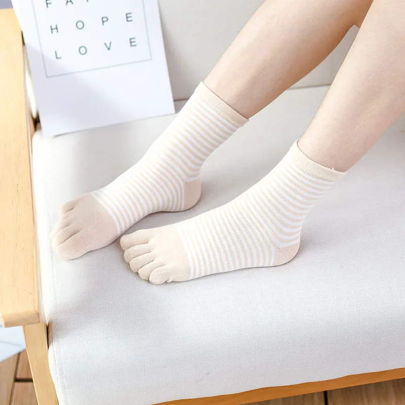 5 Pairs Cotton Fashion Striped Socks with Toes Women Girls Autumn Winter Warm Crew Socks Short Five Fingers Socks High Quality