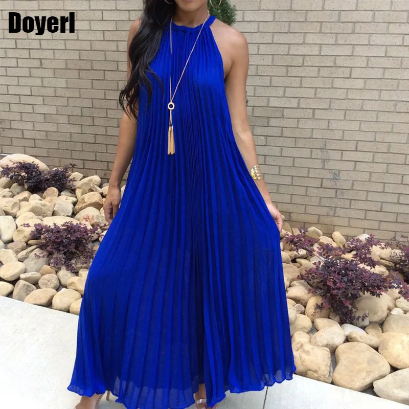 Синее длинное платье из гофрированного шифона для женщин Летнее Открытое с