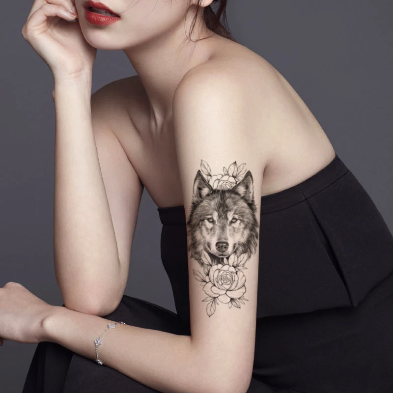 

Black Wolf Totem Waterproof Temporary Tattoo Sticker Sketch Flowers Leaves Fake Tattoos Flash Tatoos Arm Body Art for Women Men