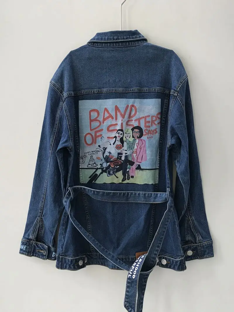 

Female denim jacket 2023 autumn spring and autumn new V-neck long-sleeved belt back character print ladies casual denim outer