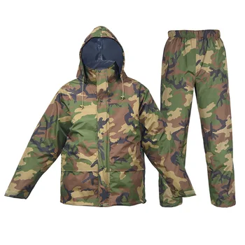 Portable Woodland Camo Poncho Raincoat Set with Rain Pants Folding Waterproof Clothes Trip Tactical Man Rain Jacket
