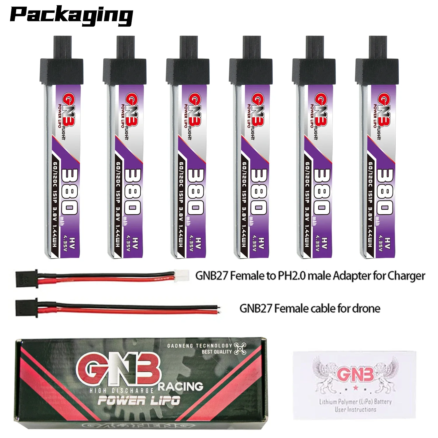 

6PCS GAONENG GNB 380mAh 1S 3.8V 60C/120C HV Lipo Battery GNB27 High Current Discharge Plug For FPV RC Tiny Whoop Drone DIY Plug
