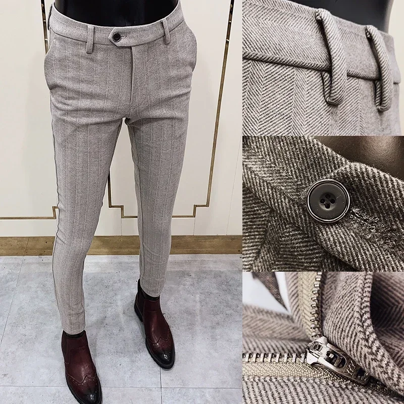 Men Striped Woolen Suit Pants suit pants men pants Autumn Winter Casual Trousers Thicken Keep Warm Pantalones Hombre Slim Fit Dress Pants Men