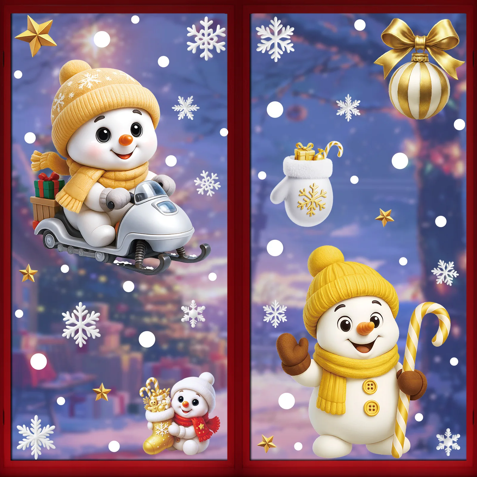 Set of 2 Christmas Static Cling Stickers, Gold Reindeer Snowman Holiday Window Decor for Glass Festive Pair