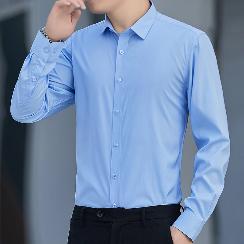 Men's long-sleeved micro-elastic shirt spring slim-fit business career formal dress Korean version of the trend white shirt on
