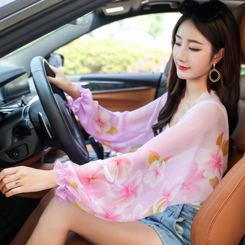 Women Summer Sun Protection Beach Shawl Print Flower Chiffon Sunscreen Riding Arm Shade Scarf Outdoor Cycling Driving Sleeve