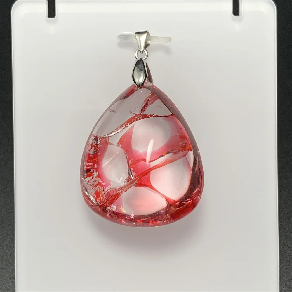 Treated Fire Quartz Pendants Women Natural Water Drop Crystals Necklaces 925 Silver Red Limonite Phantom Beads Rainbow Flashes