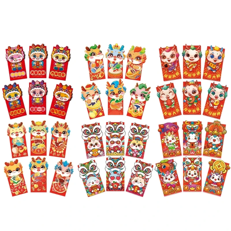 

6 Pieces Traditional Re Envelopes Cartoon Dragon Luck Money Packets HongBao for Spring Festival Celebrations Birthday
