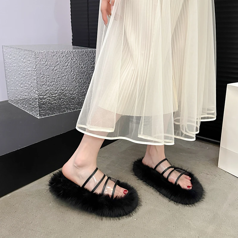 Aphixta Warm Winter Fur Plush Women Slippers Furry Transportant Straps Shoes Round Toe Flat Heel Hair Slides zapatos House Shoes