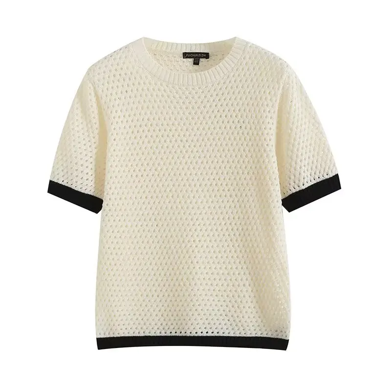 

2023 Summer New Round Neck Short Sleeve T-Shirt Commuter Stitching Hollow Loose Knitwear Fashionable Versatile Women's Tops
