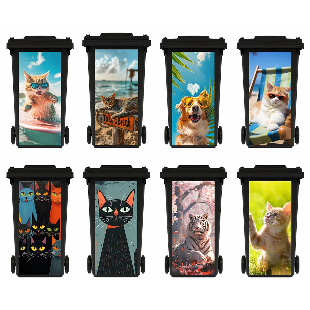 Creative Animal Personality Murals Trash Can Sticker Removable Kitten Surfing Art Decals for Outdoor Wheeled Dustbin Poster