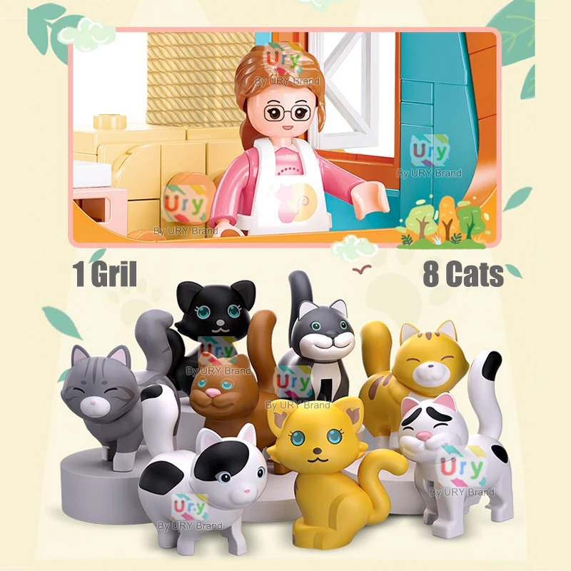 Sluban Friends 도시 고양이 호텔 세트, 여아용 A 프레임 애완 동물 하우스, 아파트 정원 빌라 사쿠라 트리 빌딩 블록, 동물 장난감, 어린이 선물