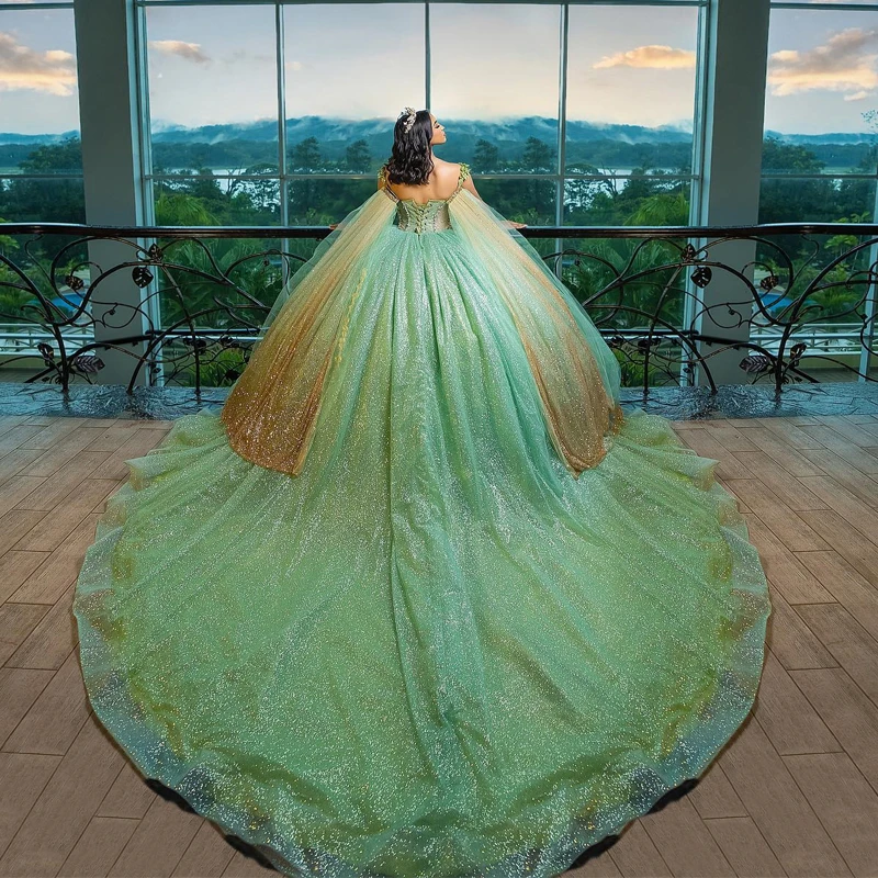 

Sparkly Sage Green Ball Gown Quinceanera Dresses With Cape Flowers Appliques Crystals Sweet 16 Dress Vestidos De 15 Años