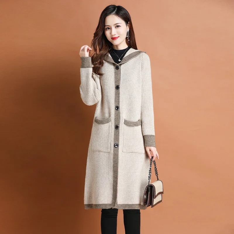 

Autumn Winter Women Cozy Wool Hooded Cardigan Sweater Beige Gray Camel Single-Breasted Bulky Rib Fabric Knitwear Cable-Knit Coat