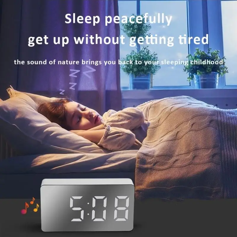 1Pc White LED Mirror Table Clock Snooze Display Time Night Light Desktop USB Alarm Clock Home Decor