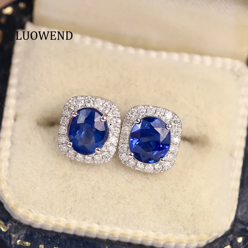 LUOWEND 18K White Gold Earrings Natural Blue Sapphire Earrings Luxury Diamond Jewelry Fashion Square Design Fine for Women Party