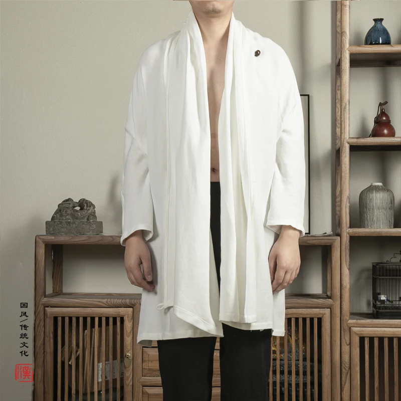 Men's Cotton Linen Loose Casual Cardigan Trench Coat Japanese Streetwear Punk Gothic Long Jacket Women Outerwear Trenchcoat