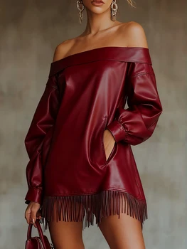 Fashion Vintage PU Leather Tassel Mini Dress Off The Shoulder Long Sleeve Pockets Fringe Hem Dress Burgundy Spring Party Dresses 1