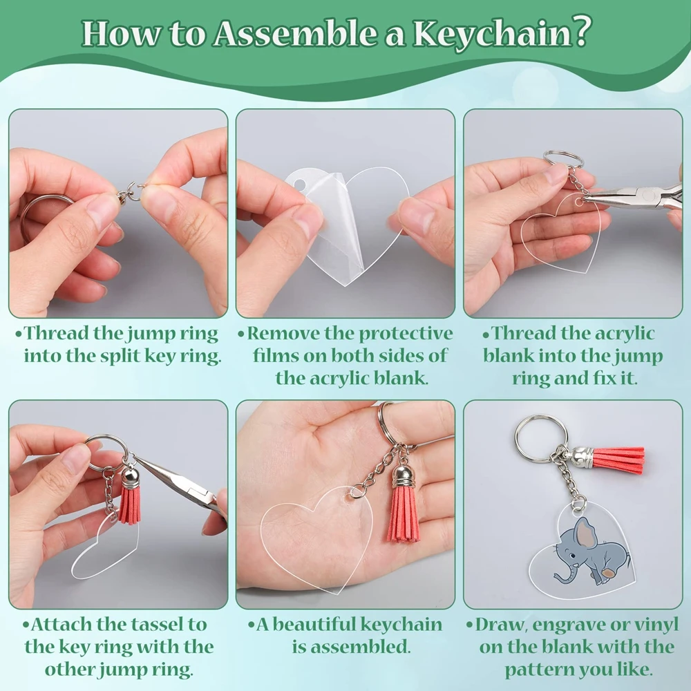 300PCS Clear Acrylic Keychain Blanks 6 Shapes Acrylic Leather Tassel Charms Key Chains Jump Rings for Vinyl Resin DIY Crafts