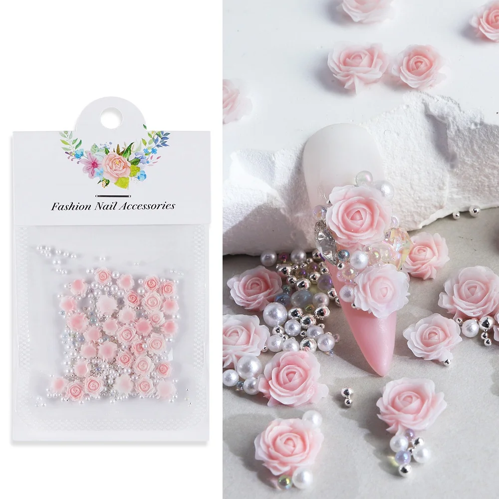30-Piece Pink Rose 3D Nail Rhinestone and Pearl Charms Set