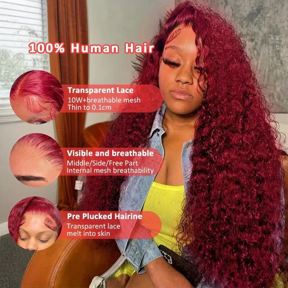 WeWave 30 40 Inch 99J Burgundy 13x6 Hd Lace Frontal Human Hair Wig Red Colored 13x4 Transparent Lace Curly Deep Wave Frontal Wig